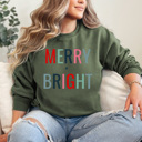Medium Military Green Merry + Bright Fleece Sweatshirt, Christmas Pullover, Holiday Graphic 