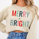 Medium Sand Merry + Bright Fleece Sweatshirt, Christmas Pullover, Holiday Graphic 