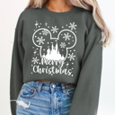 Medium Charcoal Merry Christmas Theme Park Fleece Sweatshirt, Snowflake Mouse Pull Over