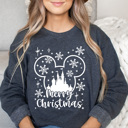 XL Denim Merry Christmas Theme Park Fleece Sweatshirt, Snowflake Mouse Pull Over