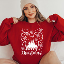 Medium Red Merry Christmas Theme Park Fleece Sweatshirt, Snowflake Mouse Pull Over