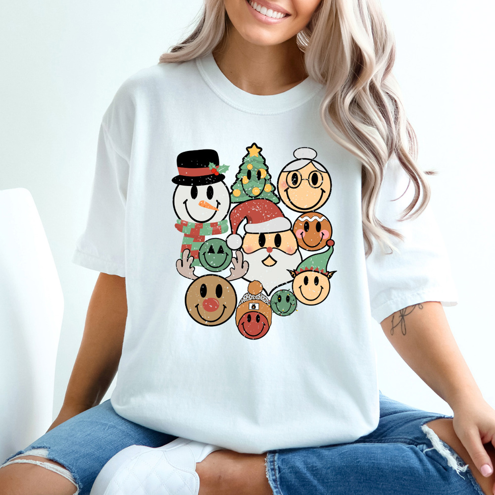 Christmas Character Smiley Faces Comfort Colors Tee, Happy Holidays 