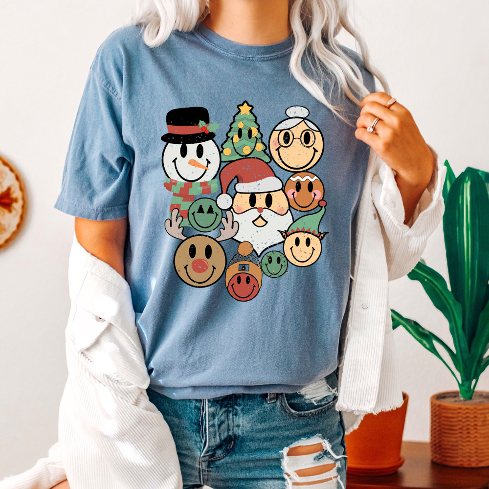 Christmas Character Smiley Faces Comfort Colors Tee, Happy Holidays 