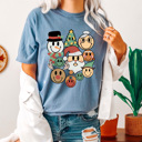  Christmas Character Smiley Faces Comfort Colors Tee, Happy Holidays 