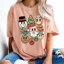 XXL Peachy Christmas Character Smiley Faces Comfort Colors Tee, Happy Holidays 