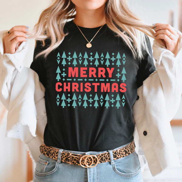 Merry Christmas Aztec Trees Graphic Tee, Christmas Trees