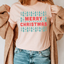 XXL Peach Merry Christmas Aztec Trees Graphic Tee, Christmas Trees