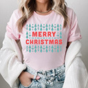 Large Pink Merry Christmas Aztec Trees Graphic Tee, Christmas Trees