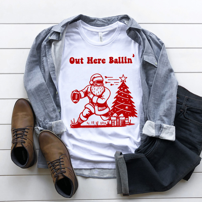 Out Here Ballin' Football Santa Men's Graphic Tee, Sports Christmas Shirt, Christmas Gift For Husband 