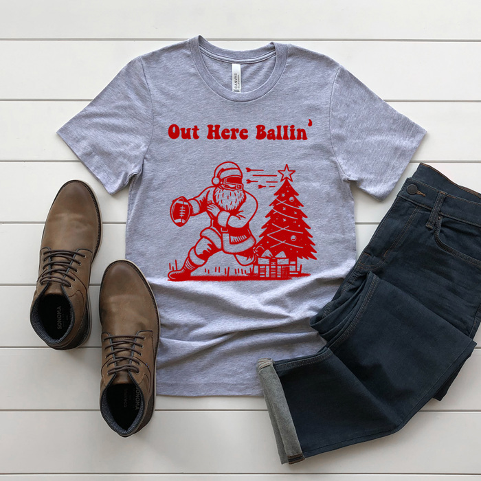 Out Here Ballin' Football Santa Men's Graphic Tee, Sports Christmas Shirt, Christmas Gift For Husband 