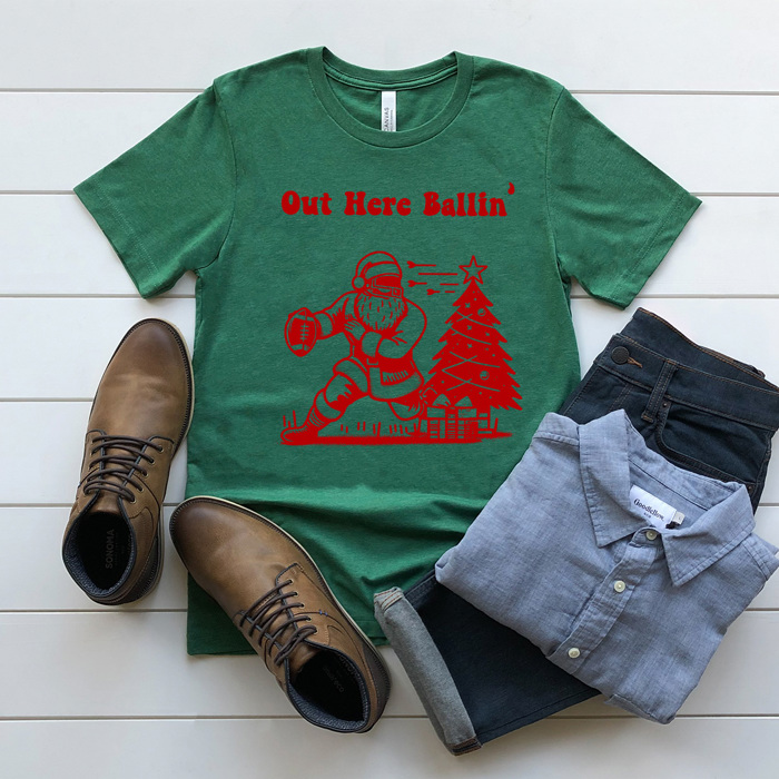 Out Here Ballin' Football Santa Men's Graphic Tee, Sports Christmas Shirt, Christmas Gift For Husband 