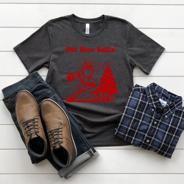 Out Here Ballin' Football Santa Men's Graphic Tee, Sports Christmas Shirt, Christmas Gift For Husband 