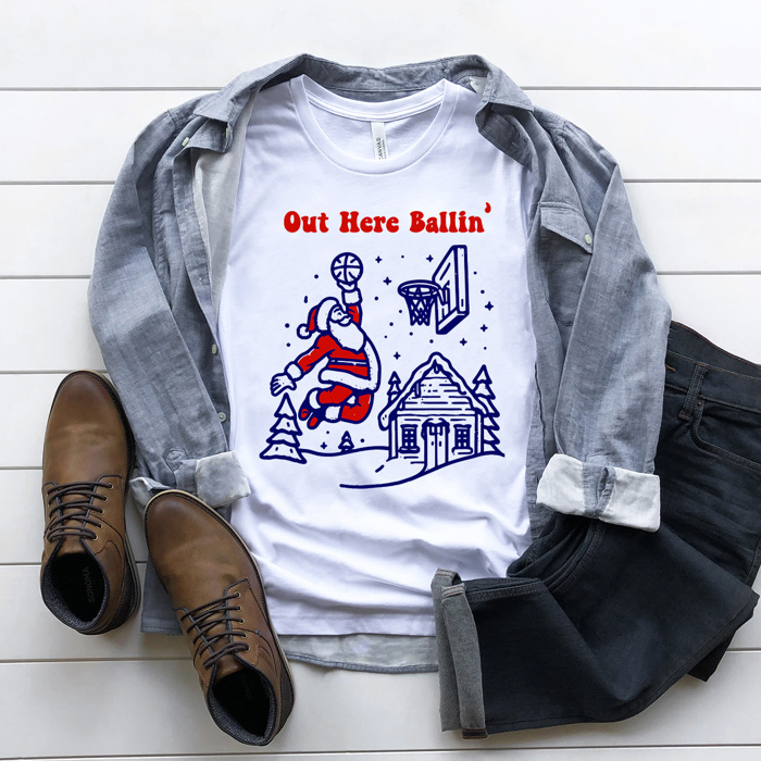 Out Here Ballin' basketball Santa Men's Graphic Tee, Sports Christmas Shirt, Christmas Gift For Husband