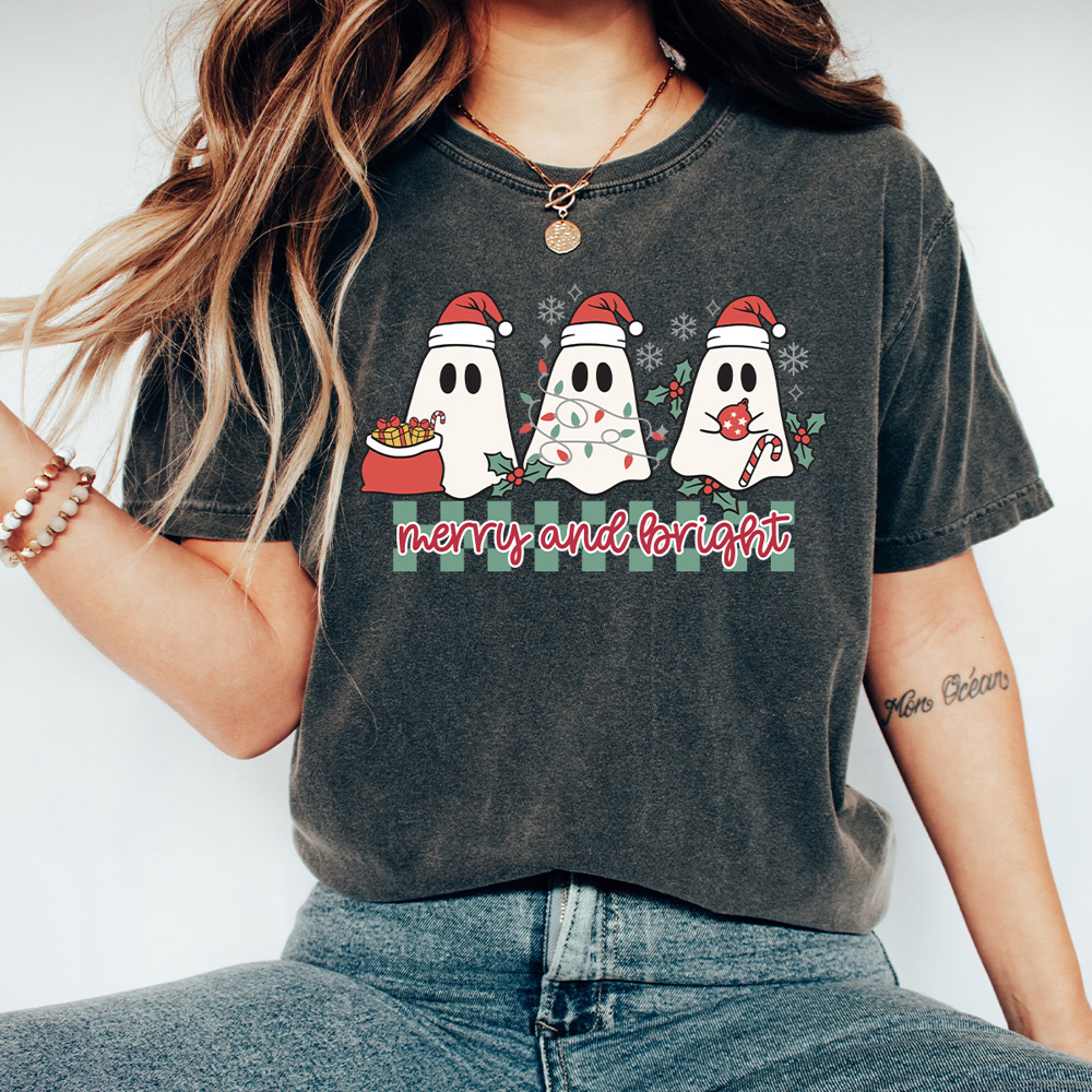 Merry And Bright Christmas Ghost Comfort Colors Tee, Holiday Ghost 