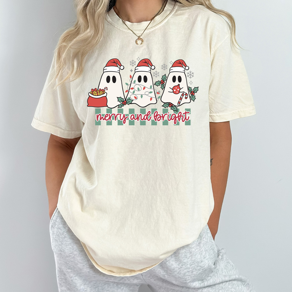 Merry And Bright Christmas Ghost Comfort Colors Tee, Holiday Ghost 