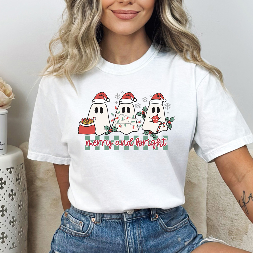 Merry And Bright Christmas Ghost Comfort Colors Tee, Holiday Ghost 