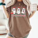 Large Espresso Merry And Bright Christmas Ghost Comfort Colors Tee, Holiday Ghost 