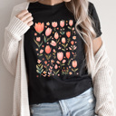  Pink Tulips Floral Graphic Tee, Heart flowers Shirt