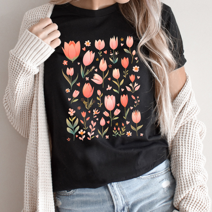 Pink Tulips Floral Graphic Tee, Heart flowers Shirt