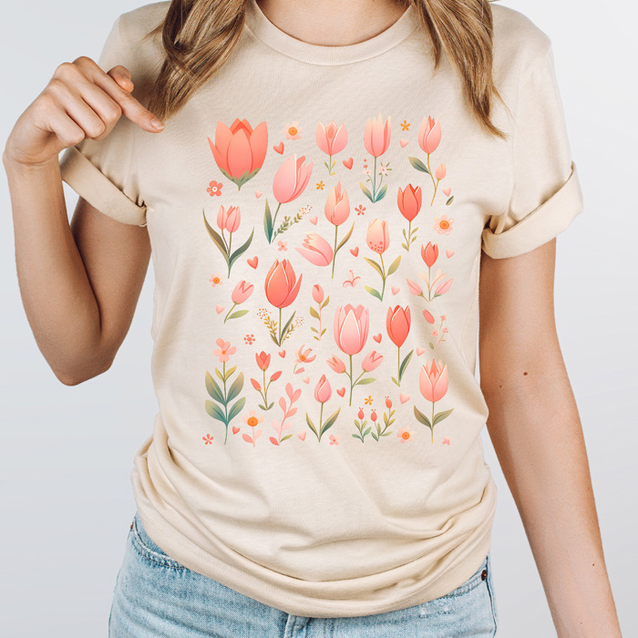 Pink Tulips Floral Graphic Tee, Heart flowers Shirt