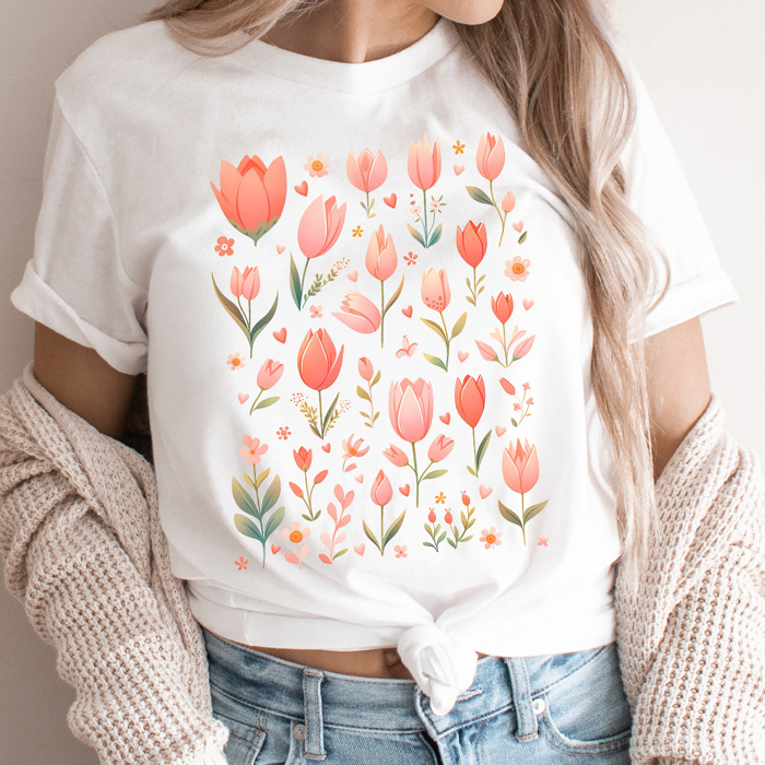 Pink Tulips Floral Graphic Tee, Heart flowers Shirt