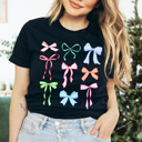 XXL Black Coquet Pastel Bow Grid Graphic Tee, Cute Bow Girly Shirt 