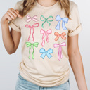 XXL Cream Coquet Pastel Bow Grid Graphic Tee, Cute Bow Girly Shirt 