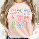 XXL Peach Coquet Pastel Bow Grid Graphic Tee, Cute Bow Girly Shirt 