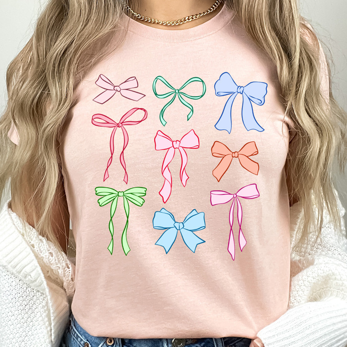 Coquet Pastel Bow Grid Graphic Tee, Cute Bow Girly Shirt 