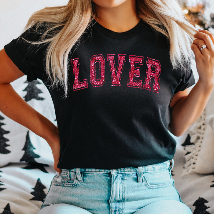 Pink Glitter Lover Graphic Tee, Faux Glitter, Sparkly Valentines Day Shirt