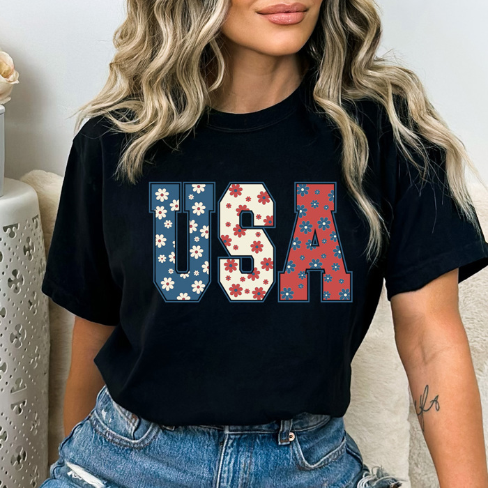 Floral USA Comfort Colors Tee, Patriotic Flower Shirt, 4th Of July Tee