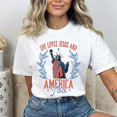 She Loves Jesus And America Too Comfort Colors Tee, Partiotic Staue Of Liberty Shirt, 4th Of July Tee