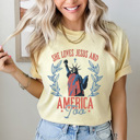 XXL Butter She Loves Jesus And America Too Comfort Colors Tee, Partiotic Staue Of Liberty Shirt, 4th Of July Tee