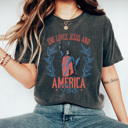 XXL Pepper She Loves Jesus And America Too Comfort Colors Tee, Partiotic Staue Of Liberty Shirt, 4th Of July Tee