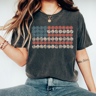 Daisy Floral American Flag Comfort Colors Tee, Patriotic Flower Shirt, 4th Of July Flag Tee 