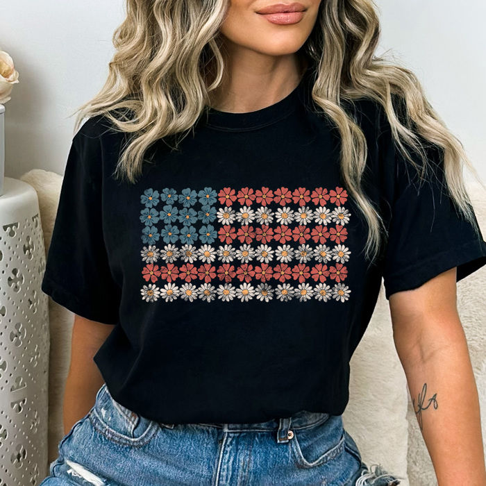 Daisy Floral American Flag Comfort Colors Tee, Patriotic Flower Shirt, 4th Of July Flag Tee 