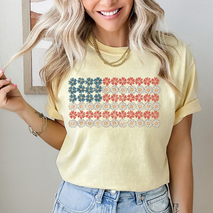 Daisy Floral American Flag Comfort Colors Tee, Patriotic Flower Shirt, 4th Of July Flag Tee 