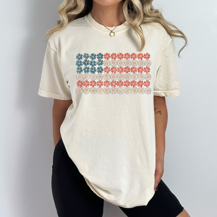 Daisy Floral American Flag Comfort Colors Tee, Patriotic Flower Shirt, 4th Of July Flag Tee 
