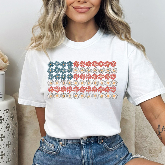 Daisy Floral American Flag Comfort Colors Tee, Patriotic Flower Shirt, 4th Of July Flag Tee 