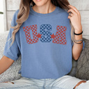 XXL Blue Jean Checkered USA Comfort Colors Tee, 4th Of July Shirt, Patriotic Checkered Tee