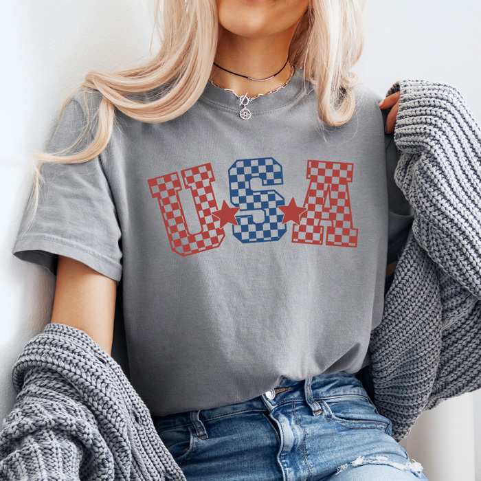 Checkered USA Comfort Colors Tee, 4th Of July Shirt, Patriotic Checkered Tee