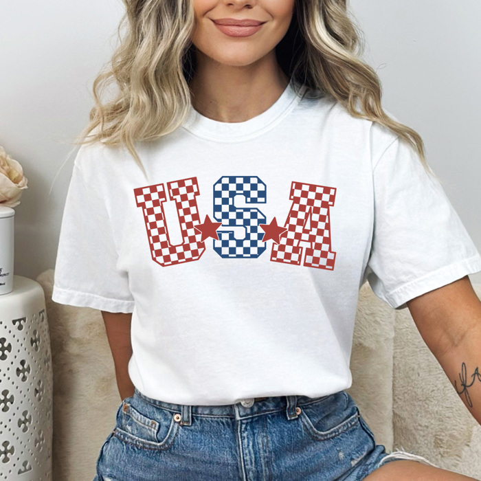 USA Checkered Comfort Colors Tee, Patriotic Checkered Shirt, 4th Of July Tee