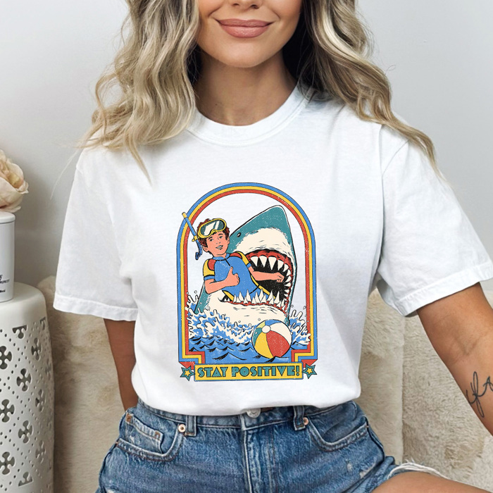 Stay Positive Funny Shark Attach Comfort Colors Tee, Funny Sarcastic Shirt, Summer Beach Tee