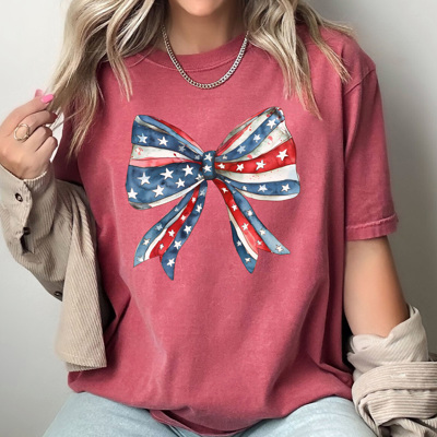 Red White And Blue Bow Comfort Colors Tee, Coquette Patriotic Shirt, Girl America Bow Tee