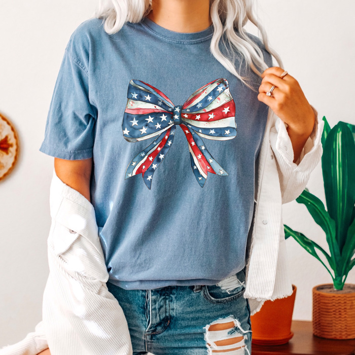 Red White And Blue Bow Comfort Colors Tee, Coquette Patriotic Shirt, Girl America Bow Tee