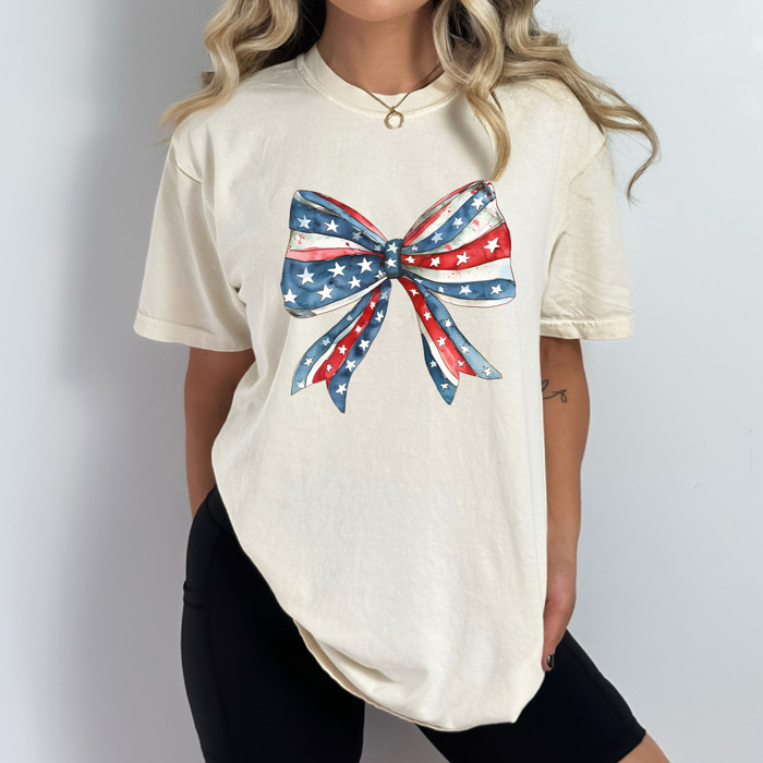 Red White And Blue Bow Comfort Colors Tee, Coquette Patriotic Shirt, Girl America Bow Tee