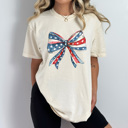 Large Ivory Red White And Blue Bow Comfort Colors Tee, Coquette Patriotic Shirt, Girl America Bow Tee