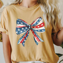 Large Mustard Red White And Blue Bow Comfort Colors Tee, Coquette Patriotic Shirt, Girl America Bow Tee