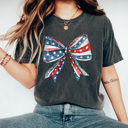 Large Pepper Red White And Blue Bow Comfort Colors Tee, Coquette Patriotic Shirt, Girl America Bow Tee