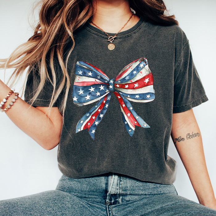 Red White And Blue Bow Comfort Colors Tee, Coquette Patriotic Shirt, Girl America Bow Tee